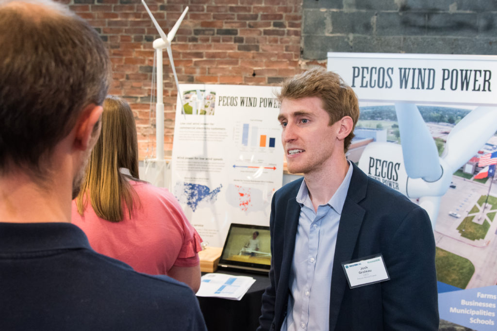 Josh Groleu, co-founder and CEO of Pecos Wind Power, at a pre-COVID-19 event. As a DeltaClimeVT Energy 2020 first place winner, Pecos entrepreneurs forged relationships with Vermont utilities including DeltaClimeVT Energy 2020 sponsor Vermont Public Power Supply (VPPSA) during the all-virtual business accelerator photo. 